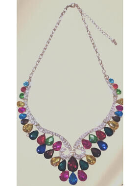 Rainbow Bib Statement Necklace Gold Tone Rhinestones 21” Adjustable Bold Jewelry